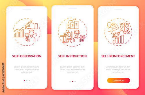 Self-control techniques red onboarding mobile app page screen with concepts. Personal development walkthrough 3 steps graphic instructions. UI, UX, GUI vector template with linear color illustrations