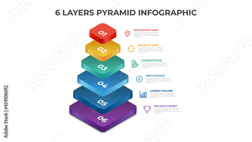 pyramid infographic template with 6 layers, list, options, steps, layout vector.