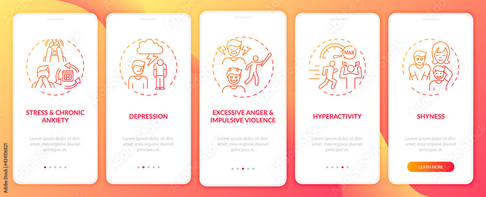 Psychology of self-control red onboarding mobile app page screen with concepts. Regulation walkthrough 5 steps graphic instructions. UI, UX, GUI vector template with linear color illustrations