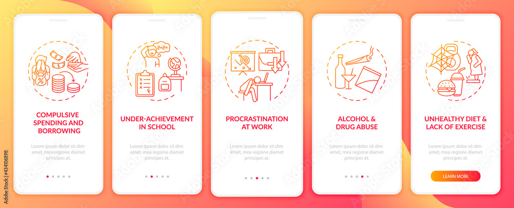 Major self-control problems red onboarding mobile app page screen with concepts. Burnout walkthrough 5 steps graphic instructions. UI, UX, GUI vector template with linear color illustrations