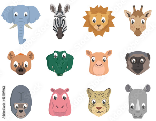 Set of african animal heads. Wildlife inhabitants in cartoon style.