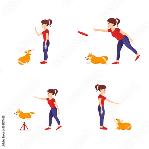 Girl training her welsh corgi pet teaching different commands. Set of vector illustrations isolated on white. Sit, Down, Retrieve, Jump