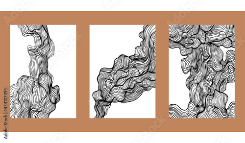 Set of three trendy graphic posters in line art styles. Hand drawn thin line backgrounds. Monochrome images for interiors. Volumetric images of smoke. The movement of air, aromatic mixtures.