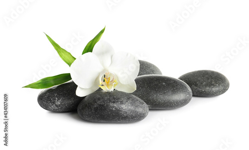 Spa stones  beautiful orchid flower and bamboo sprout on white background