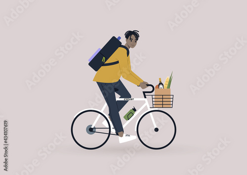 A young male Black character riding a bike with a basket and a bottle holder, modern lifestyle