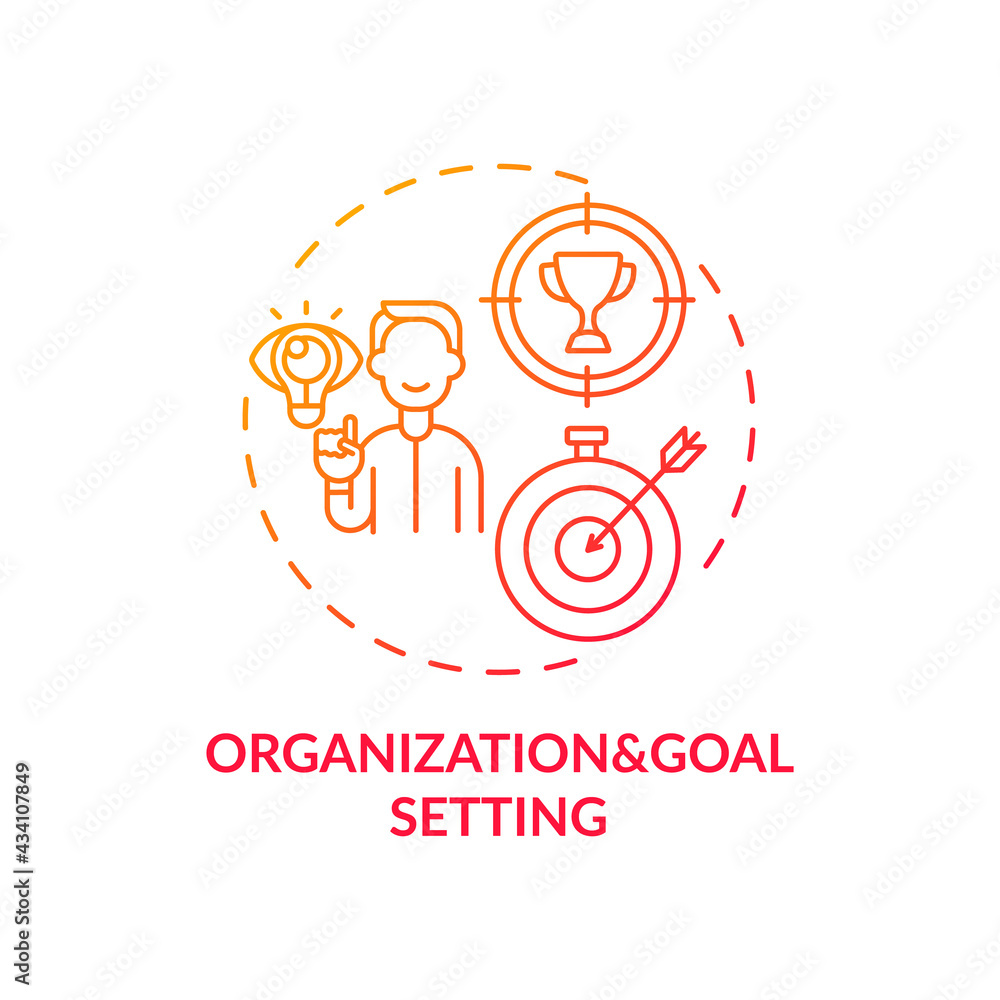 Organization and goal setting red gradient concept icon. Achievement and success at work. Personal motivation. Self control idea thin line illustration. Vector isolated outline RGB color drawing Organization and goal setting red gradient concept icon. Achievement and success at work. Personal motivation. Self control idea thin line illustration. Vector isolated outline RGB color drawing