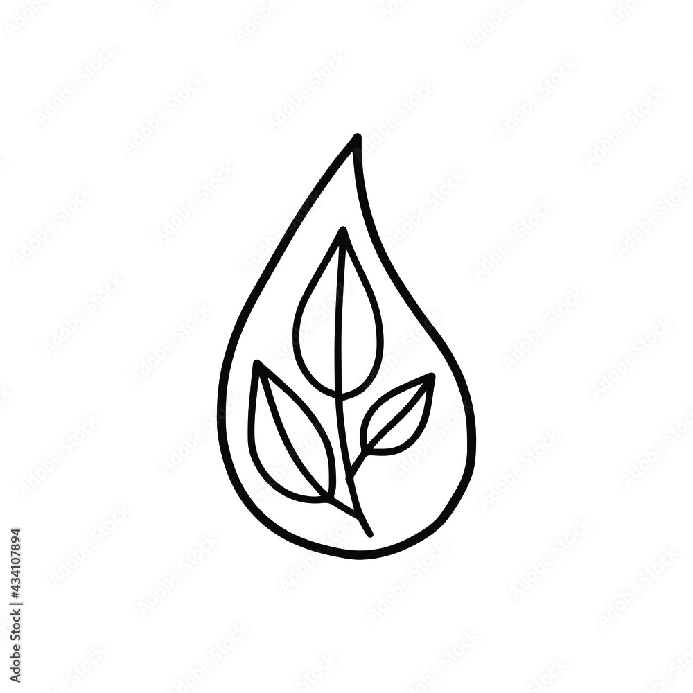Drop with plant leaves icon. Drawing, isolated on white background. Drop with plant leaves icon. Drawing, isolated on white background.