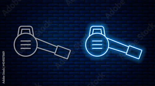 Glowing neon line Leaf garden blower icon isolated on brick wall background. Vector