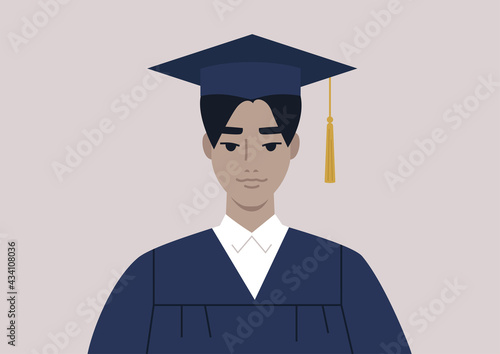 A graduation ceremony, a portrait of a male Asian student wearing a gown and a cap