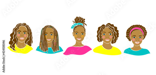 American teens black person girl. Big set. Beautiful women face vector illustration. Isolated flat vector. Cheerful smiling happy child portrait. Positive model. Social diversity.