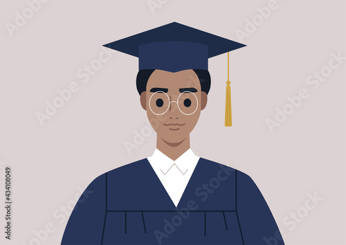A graduation ceremony, a portrait of a male student wearing a gown and a cap