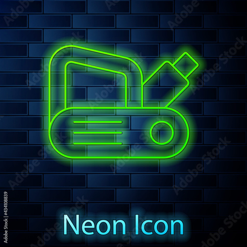 Glowing neon line Electric planer tool icon isolated on brick wall background. Vector