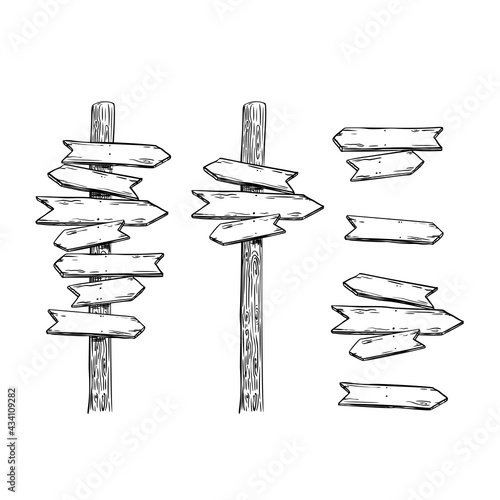 Signpost wooden set sketch in hand drawn style. Vector graphic illustration. Background design. Vintage cartoon decoration.