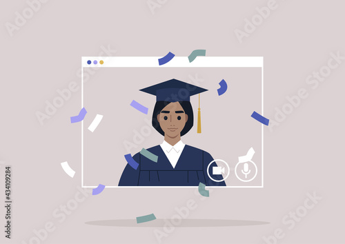 An online graduation ceremony, a portrait of a female student wearing a gown and a cap