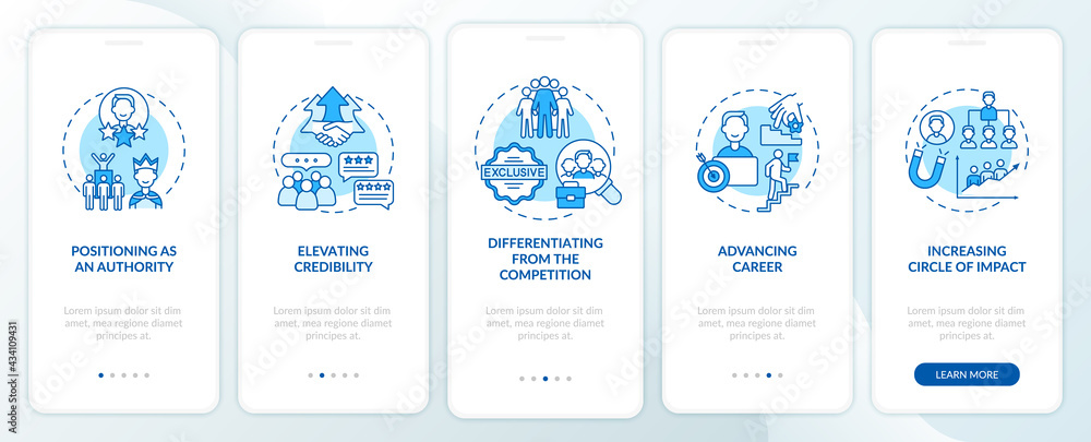 Personal brand tasks blue onboarding mobile app page screen with concepts. Identity goals walkthrough 5 steps graphic instructions. UI, UX, GUI vector template with linear color illustrations