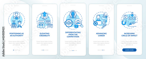 Personal brand tasks blue onboarding mobile app page screen with concepts. Identity goals walkthrough 5 steps graphic instructions. UI, UX, GUI vector template with linear color illustrations