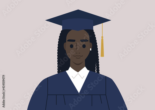 A graduation ceremony, a portrait of a female Black student wearing a gown and a cap