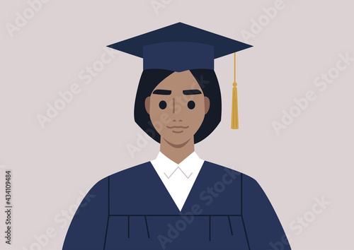 A graduation ceremony, a portrait of a female student wearing a gown and a cap