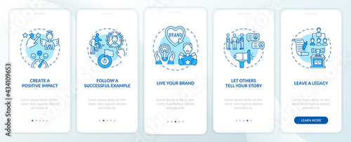 Personal branding tips blue onboarding mobile app page screen with concepts. Reputation development walkthrough 5 steps graphic instruction. UI, UX, GUI vector template with linear color illustrations