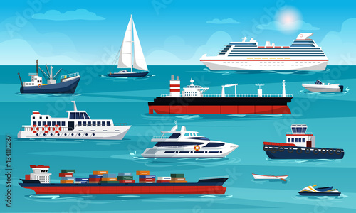 Set of sea and ocean ships and sea transport. Cruise liner, yacht, boat, jet ski, fishing boat, cargo ship with containers, tug. Vector illustration
