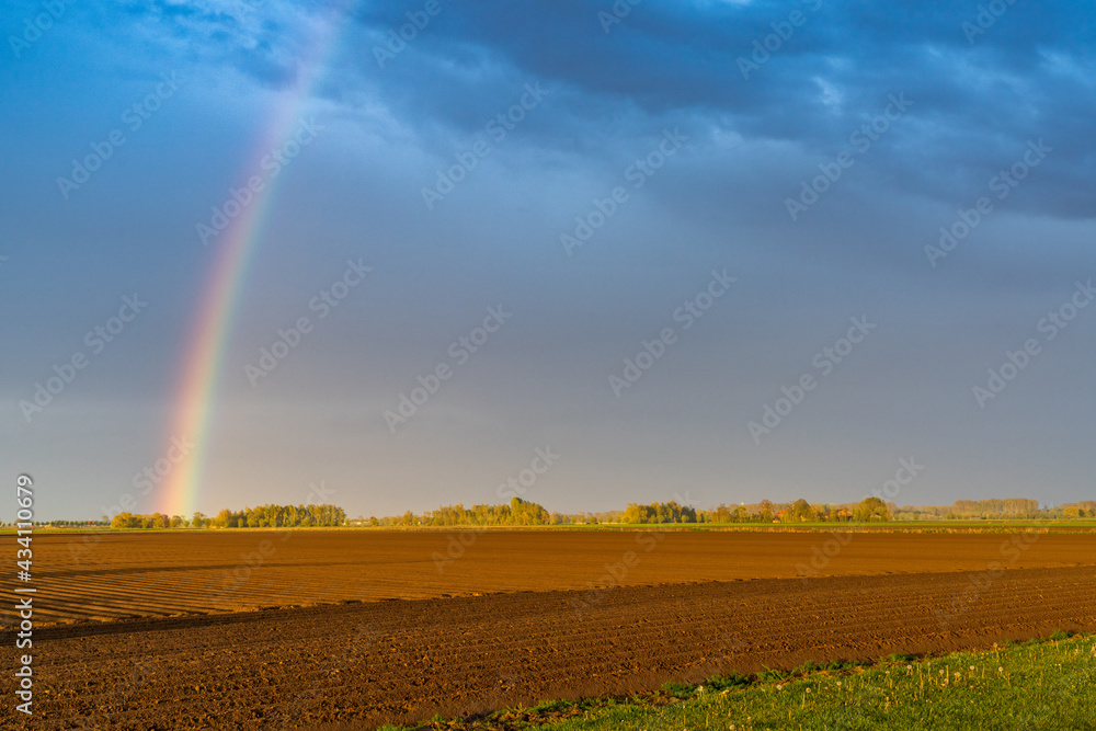 rainbow in an overcast sky in golden evening light over freshly plowed farm field rainbow in an overcast sky in golden evening light over freshly plowed farm field