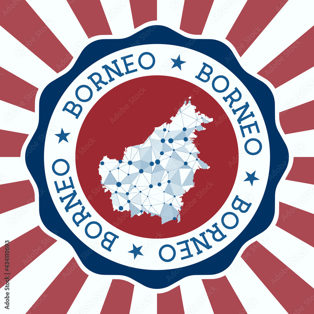 Borneo Badge. Round logo of the island with a triangular mesh map and radial rays. EPS10 Vector. Borneo Badge. Round logo of the island with a triangular mesh map and radial rays. EPS10 Vector.