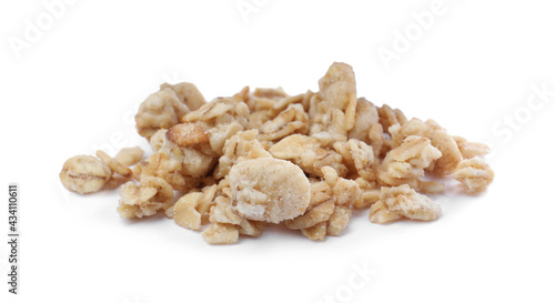 Pile of granola on white background. Healthy snack
