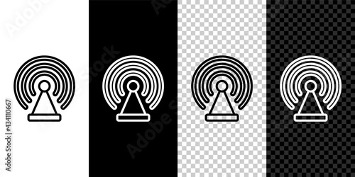 Set line Radar icon isolated on black and white, transparent background. Search system. Satellite sign. Vector