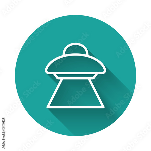 White line UFO flying spaceship icon isolated with long shadow background. Flying saucer. Alien space ship. Futuristic unknown flying object. Green circle button. Vector