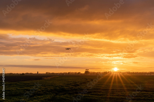 drone flying over green springtime meadows with a colorful orange sunset sky behind