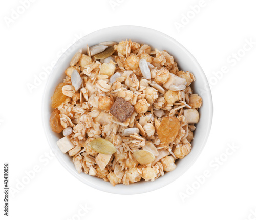 Granola in bowl on white background, top view. Healthy snack