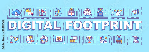 Digital footprint word concepts banner. Cyber shadow. Online trail. Infographics with linear icons on turquoise background. Isolated typography. Vector outline RGB color illustration