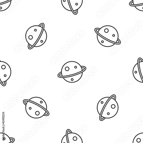Grey line Planet Saturn with planetary ring system icon isolated seamless pattern on white background. Vector