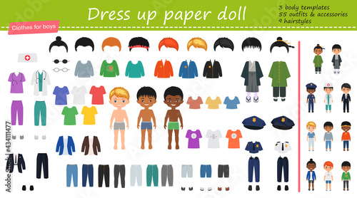 Dress up paper doll. Big set of professional, national and casual clothes for boys. Cartoon flat style