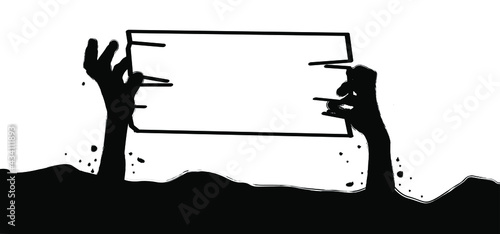 Rise of zombies hand from the ground with board. Hands on other layer. Zombie hand rising out from the ground. Scary hand, symbol for Halloween party. Flat vector up hands pictogram.