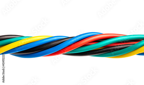 Multicolored electrical cable isolated on white. Close up