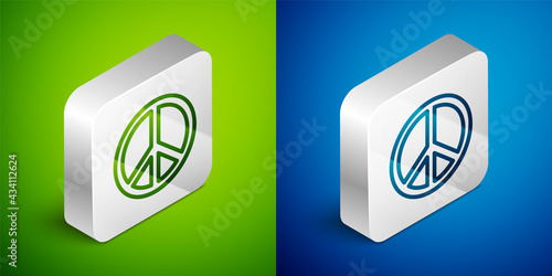 Isometric line Peace icon isolated on green and blue background. Hippie symbol of peace. Silver square button. Vector