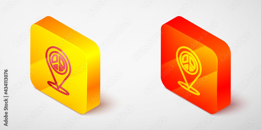 Isometric line Location peace icon isolated on grey background. Hippie symbol of peace. Yellow and orange square button. Vector Isometric line Location peace icon isolated on grey background. Hippie symbol of peace. Yellow and orange square button. Vector