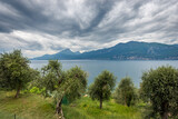 Lago di Garda. Elevated view of the Lake Garda with the Lombardy and Veneto coastline, from the small village of Castelletto di Brenzone, Brenzone sul Garda, Verona province, Italy, southern Europe.