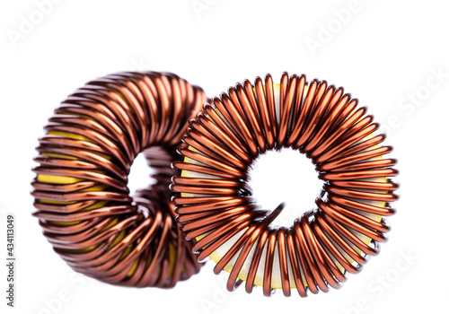 Close-up of inductor Copper coils isolated on white background