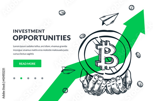 Hands hold bitcoin on green arrow background. Investment and mining technologies concept. Vector sketch illustration