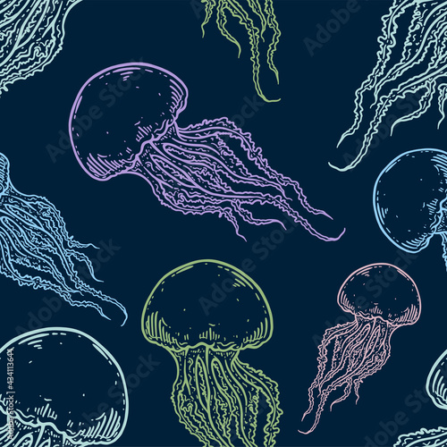 Hand drawn jellyfish seamless pattern background illustration