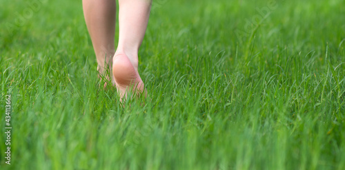 Kid foot walking in green gras on garden. Barefoot concept and healthy feet. Panorama banner.