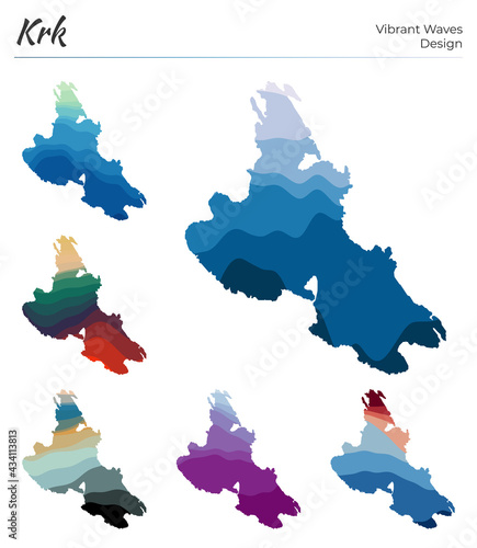 Set of vector maps of Krk. Vibrant waves design. Bright map of the island in geometric smooth curves style. Multicolored Krk map for your design. Powerful vector illustration.