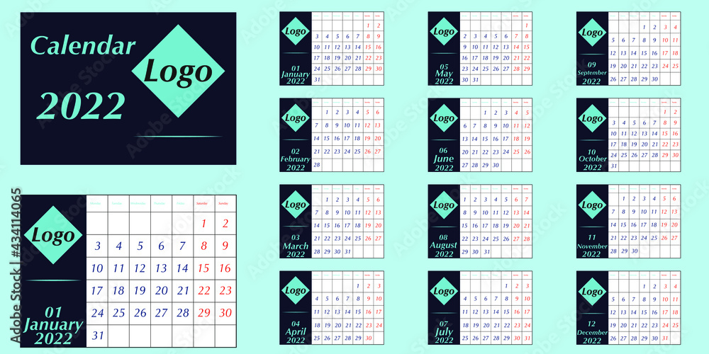 Calendar template for 2022. Calendar in the style of minimalism. Week