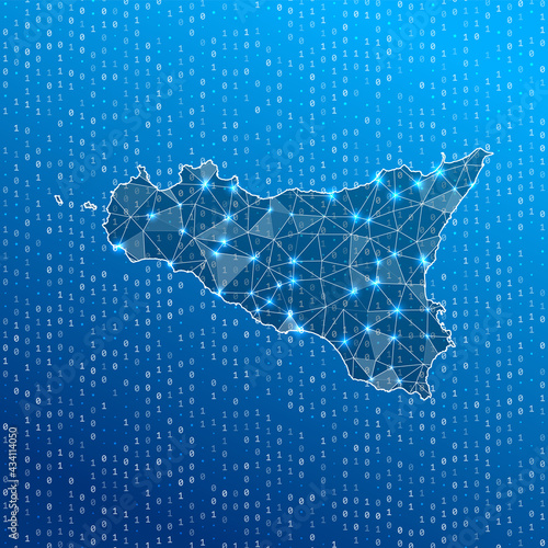 Network map of Sicily. Island digital connections map. Technology, internet, network, telecommunication concept. Vector illustration.