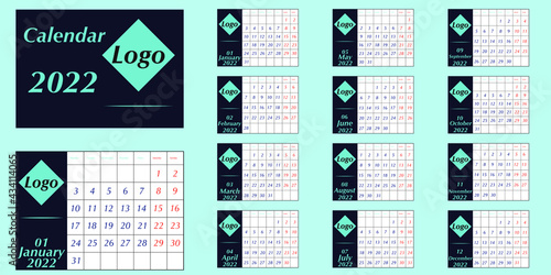 Calendar template for 2022. Calendar in the style of minimalism. Week starts on Monday. The size of the calendar is equal to A4 format. A set of 12 months. Vector illustration. 