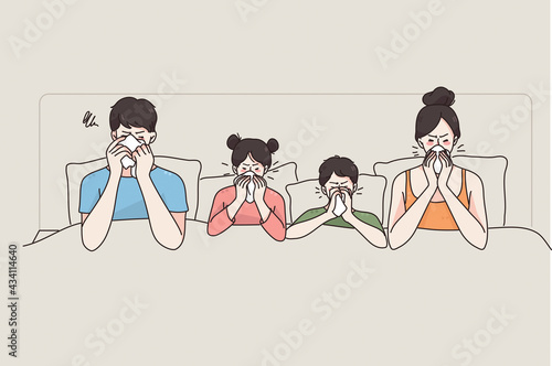 Fever, feeling cold and sick concept. Young family with kids children daughter and son cartoon characters lying in bed having running noses feeling cold ill vector illustration 