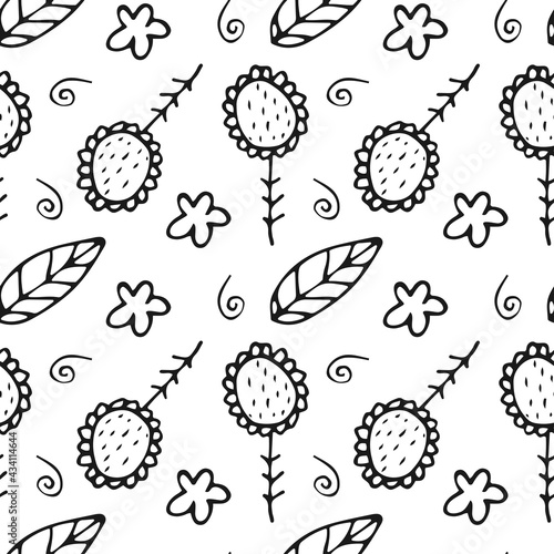 
Seamless pattern in doodle style, hand drawn vector illustration with floral and abstract elements on white background.
