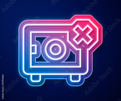 Glowing neon line Safe icon isolated on blue background. The door safe a bank vault with a combination lock. Reliable Data Protection. Vector